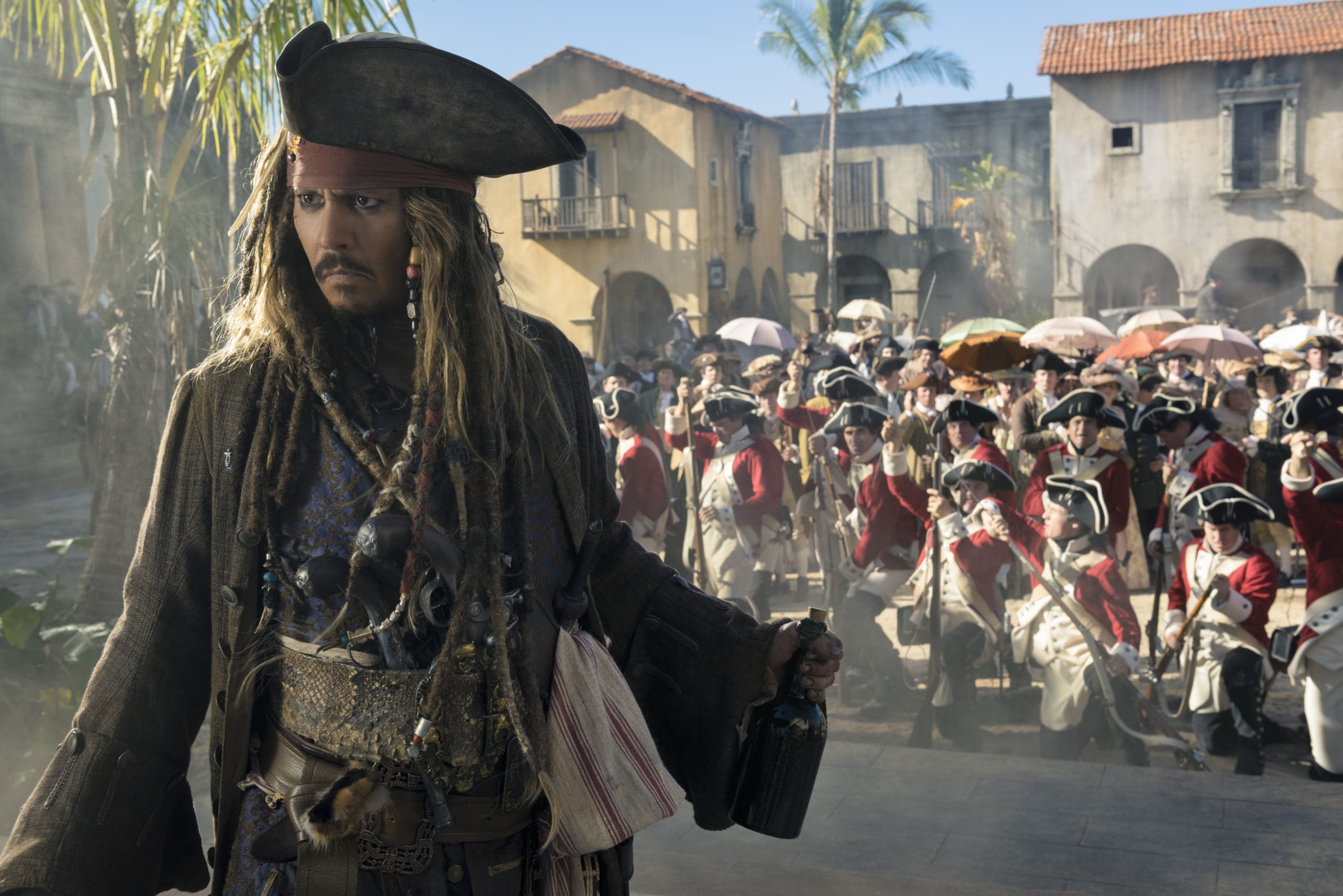"PIRATES OF THE CARIBBEAN: DEAD MEN TELL NO TALES"..The villainous Captain Salazar (Javier Bardem) pursues Jack Sparrow (Johnny Depp) as he searches for the trident used by Poseidon..Pictured: Johnny Depp (Captain Jack Sparrow)..Ph: Peter Mountain..© Disney Enterprises, Inc. All Rights Reserved.