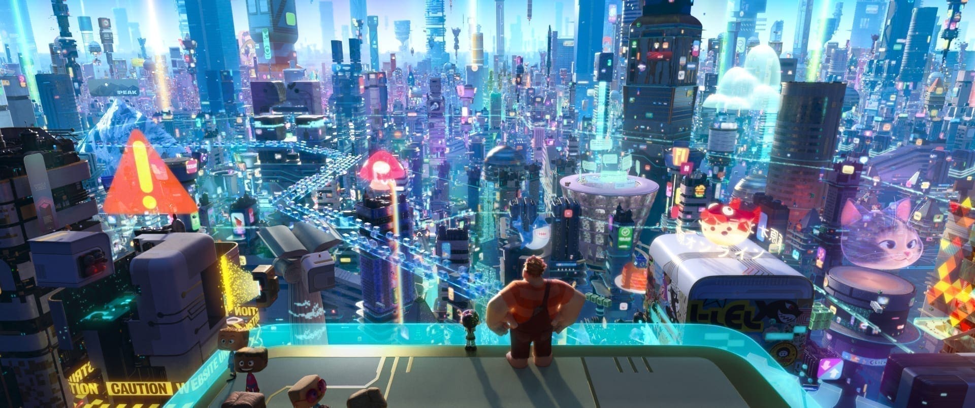 INTO THE INTERNET – In “Ralph Breaks the Internet: Wreck-It Ralph 2,” Vanellope von Schweetz and Wreck-It Ralph leave the arcade world behind to explore the uncharted and thrilling world of the internet. In this image, Vanellope and Ralph have a breathtaking view of the world wide web, a seemingly never-ending metropolis filled with websites, apps and social media networks. On a quest to save Vanellope’s game, how will these two misfits ever succeed in this vast new world? Featuring the voices of Sarah Silverman as Vanellope and John C. Reilly as Ralph, Walt Disney Animation Studios’ “Ralph Breaks the Internet: Wreck-It Ralph 2” opens in U.S. theaters on Nov. 21, 2018. ©2018 Disney. All Rights Reserved.