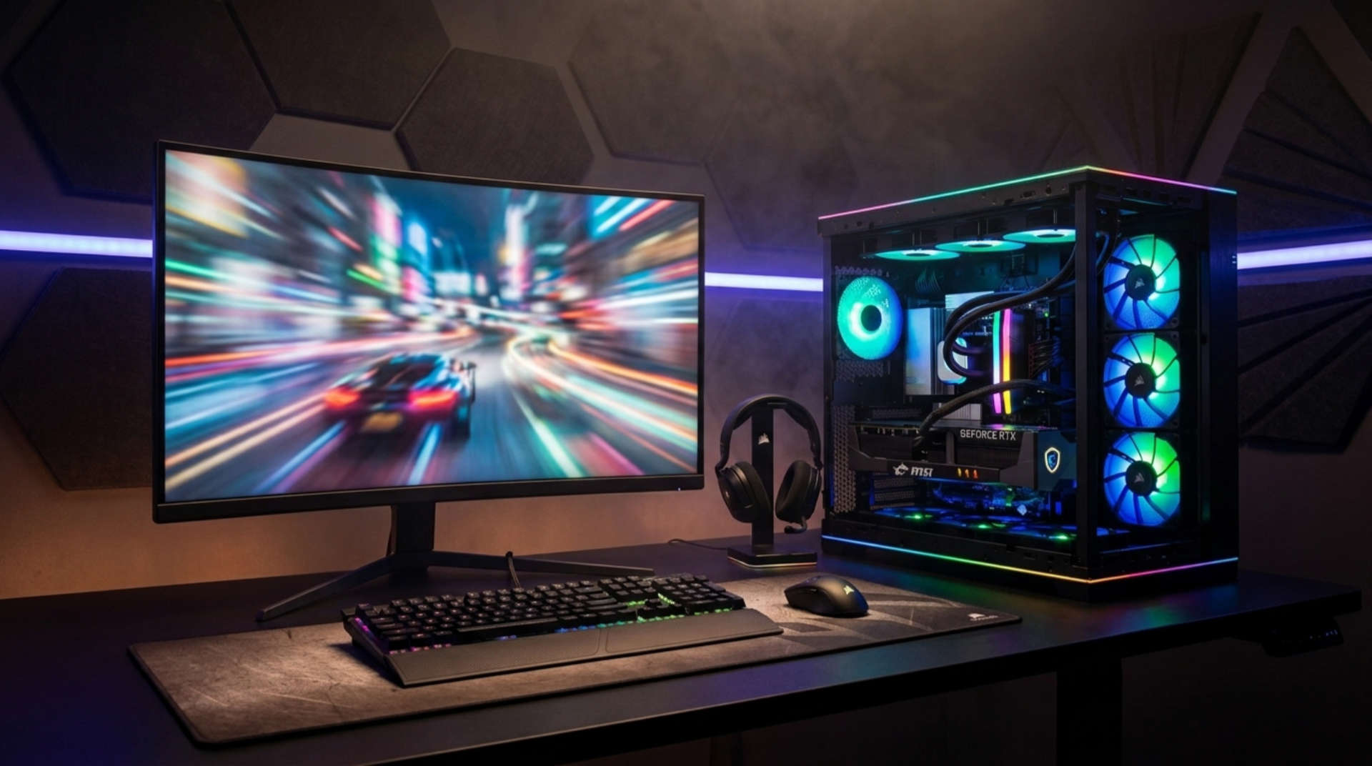 bester-gaming-pc-fuer-3000-euro-gaming-setup Schreibtisch mit gebogenem Monitor, beleuchteter Tastatur, Maus, Headset-Ständer und Gaming-PC im Glasgehäuse mit RGB-Lüftern