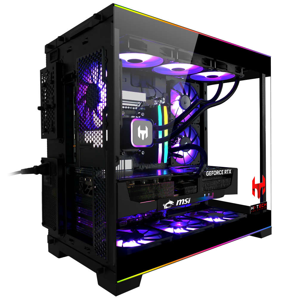 bester-gaming-pc-fuer-3000-euro-gesamtansicht Schrägansicht des schwarzen Gehäuses mit Glasfront, RGB-Leisten, Wasserkühlung, Grafikkarte und HI-TECH-Logo unten rechts