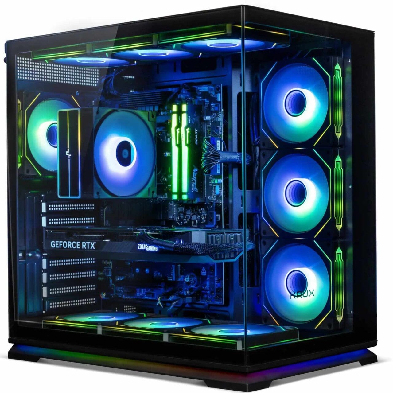 gaming-pc-test-gesamtansicht Gaming PC Test: Das Komplettsystem von MYPC steckt in einem Gehäuse mit Glasfront und gläsernem Seitenteil.